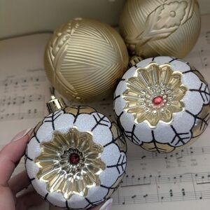 Vintage Inspired Gold and White Holiday Ornaments Set Of 4